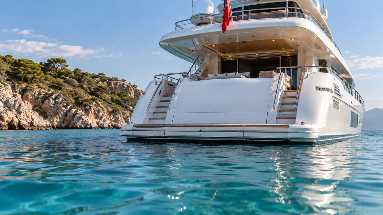 Superyacht at anchor in turquoise water